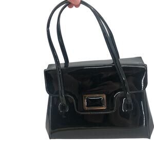 Vintage Lewis Women Handbag Purse Shiny Patent Leather 3 Compartment Black OS